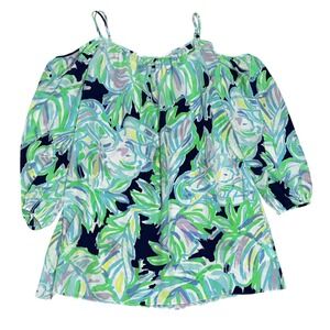 Lilly Pulitzer Silk Cold Shoulder Blouse Women M Blue Green Palm Leaf Top EUC